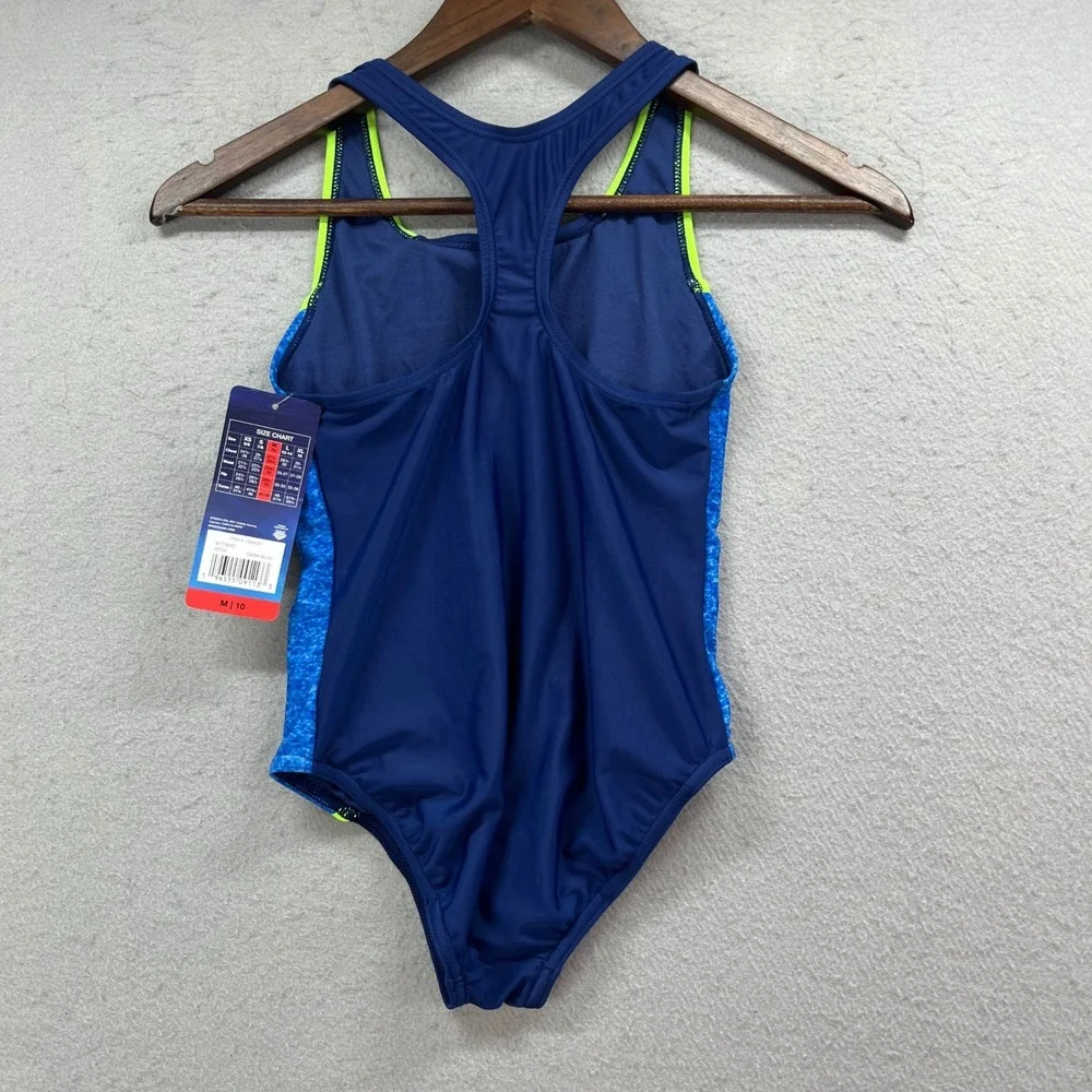Speedo One Piece Swimsuit Girls M 10 Navy Neon Yellow Colorblock Sporty Pool NEW
